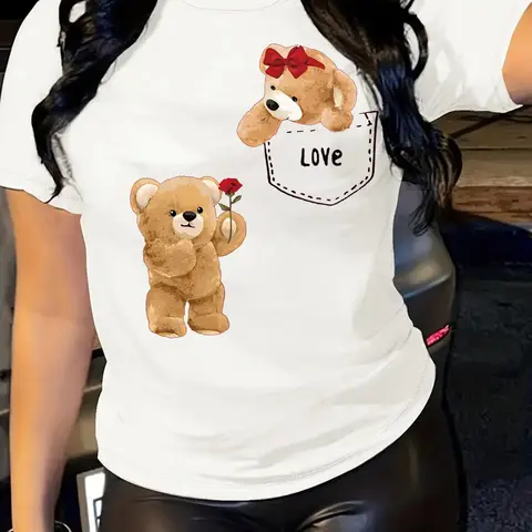Women's Cartoon Bear & Letter Print Round Neck Fitted Tee, Fashion Casual Short Sleeve Summer T-shirt for Everyday Daily Holiday Vacation Outdoor Wear, Ladies Clothes for All Seasons, Tshirt, Top, Womenswear, Graphic Tees