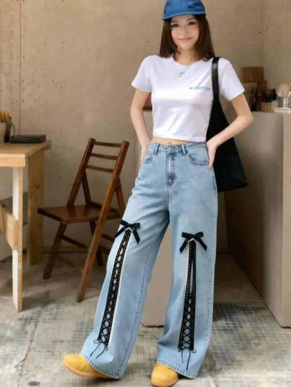 Women's Lightweight 100% Light Wash Denim Bottoms - Summer Cool High-Waist Wide-Leg Jeans, Direct Spray Print, Side Lace-Up Ribbon Bow Cutout, Coquette Casual Trousers for Girls (Fits All Body Types), Digital Print, Below The Ankle, Matching, Graphic