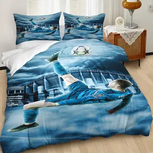 Dynamic Blue Soccer Player Print Duvet Cover Set, Decorative Duvet Cover, Acrobatic Bicycle Kick Design Bedding Set, Soft and Durable Microfiber Material, Perfect for Sports Enthusiasts and Bedroom Makeover!, Includes 1 or 2 Pillowcase - No Filler