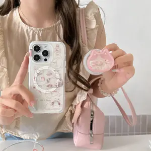 Women's Cute Pink Cat 2-in-1 Compact Smartphone Cover with Holder, Shockproof Tech Accessory for iPhone 13-17 Pro Max, Cartoon Device Casing for Phones & Electronics, Accessories
