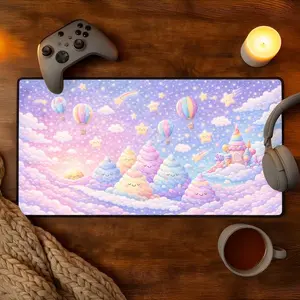 [SALE UP TO 50% + FREE SHIP] Cute Desk Mat Pastel Mousepad Cotton Candy Mountains Hot Air Balloons Fantasy Sky Castle Gaming Setup Decor Kawaii Valentines Day Gift Idea
