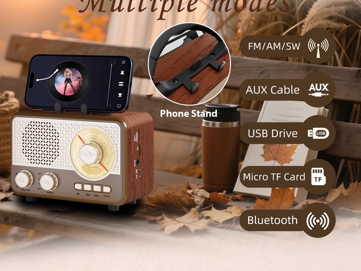 Radio Portable AM FM SW Bluetooth Speaker Vintage Radios with Phone Stand TF Card/AUX/USB Small Retro Radio Battery Powered&Solar for Outdoor Old Vintage Decor Birthday Gifts for Women,Men,Dad