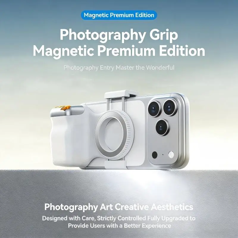 Magnetic phone camera handle grip, suitable for fun shooting on iPhone/Android, with detachable wireless shutter remote control, comfortable ergonomic camera handle holder, Smartphone Selfie Accessory