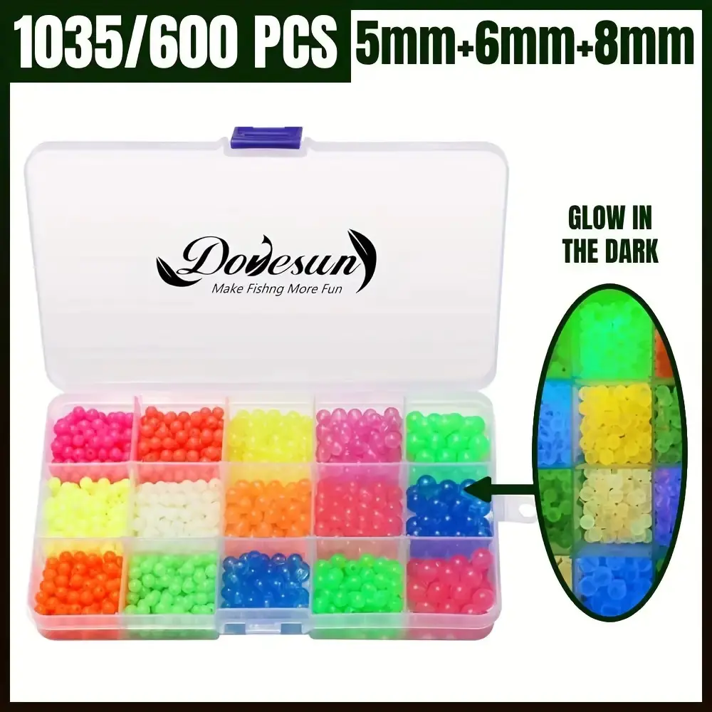 Dovesun Glow-in-the-Dark Fishing Beads Kit, 1035pcs Soft Rubber Terminal Tackle with a Long-lasting Glow Effect, Assorted 5-8mm Sizes for Night Fishing, 5Mm