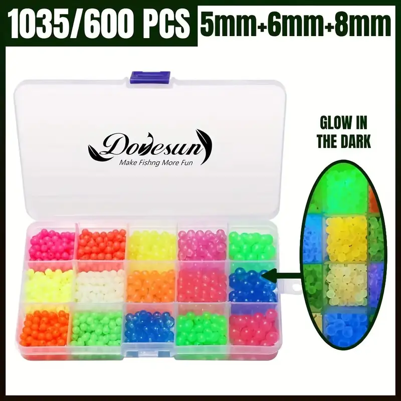 Dovesun Glow-in-the-Dark Knot-Safe Fishing Beads Kit, 1035pcs Long-Lasting Soft Rubber Beads (5mm, 6mm-8mm) for All Anglers, Terminal Tackle, Line Damage Buffer, Protect Knots & Reduce Tangles, Spinner Rig Compatible