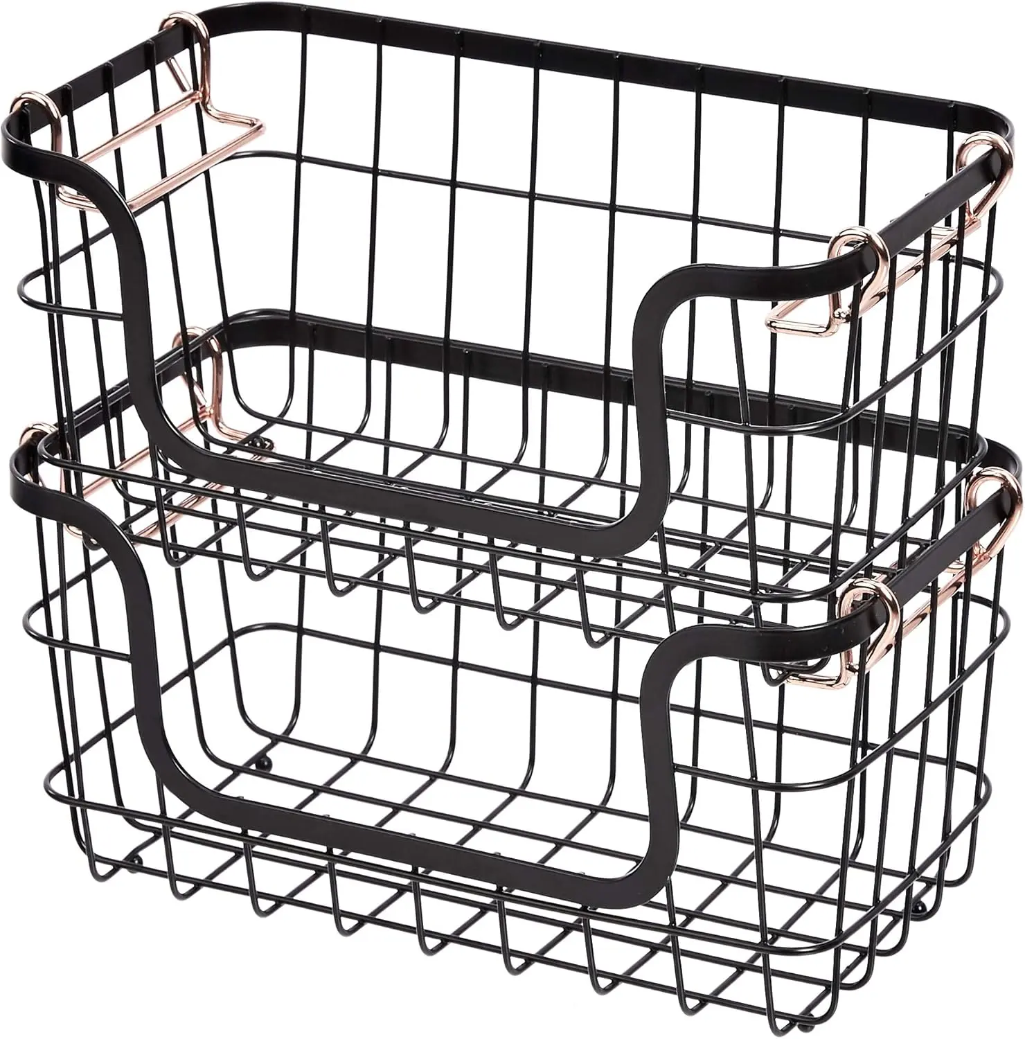 Metal Wire Rectangular Storage Baskets, Stackable Organiser Bins for Kitchen, Bathroom, and Pantry, 2-Pack, Black