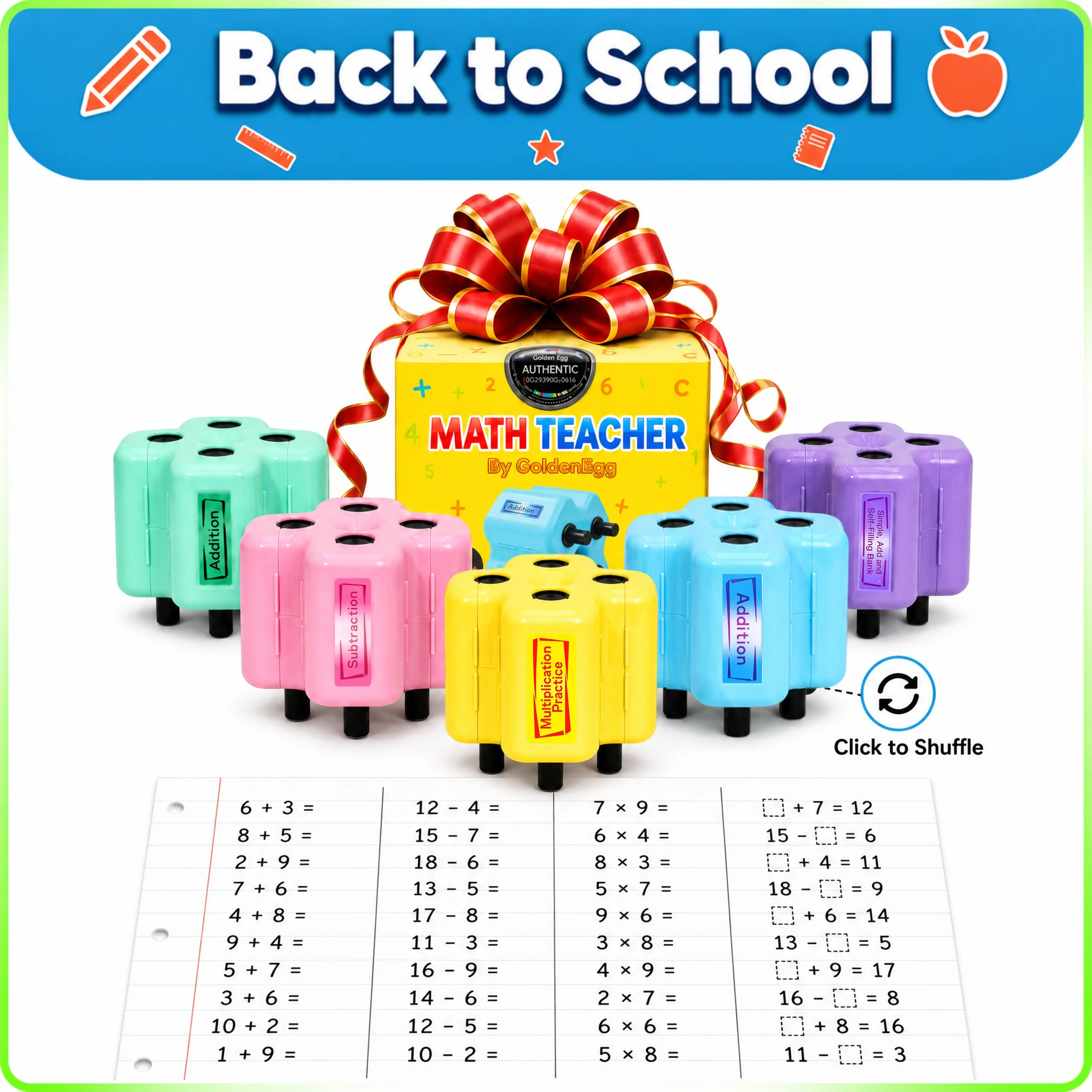 Math Teacher 4 in 1 Roller Stamp, Addition Subtraction Multiplication Practice Tool, Ink Stamp Roller for Kids Ages 5-9 1st 2nd 3rd Grade Classroom Homeschool Home Use, Back to School Supplies, Learning Gift for Kids | GoldenEgg