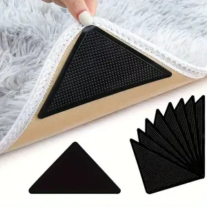 4/ 8pcs Non-Slip Rug Grippers For Hardwood Floors And Tiles - Reusable And Washable - Dual-Sided Adhesive Rug Tape Gripper For Area Rugs - Keep Corners Flat (Black)