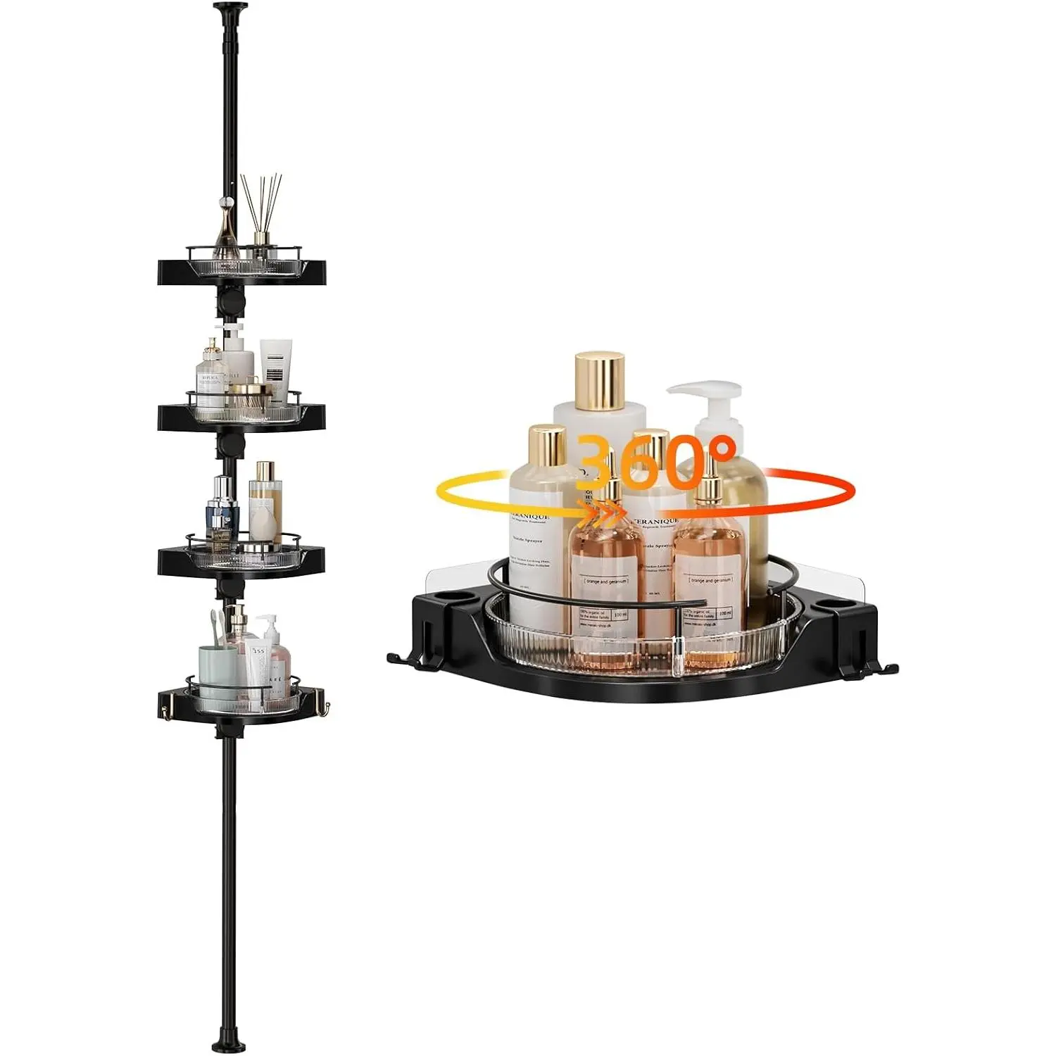 Tension Pole Shower  with 4 L-Lazy Susan Organizer 360 Rotating 35-128 Inch No Drilling Floor Standing Shelves Adjustable Shower Rack for Bath Essentials (Black)