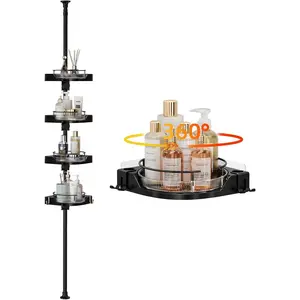 Tension Pole Shower  with 4 L-Lazy Susan Organizer 360 Rotating 35-128 Inch No Drilling Floor Standing Shelves Adjustable Shower Rack for Bath Essentials (Black)