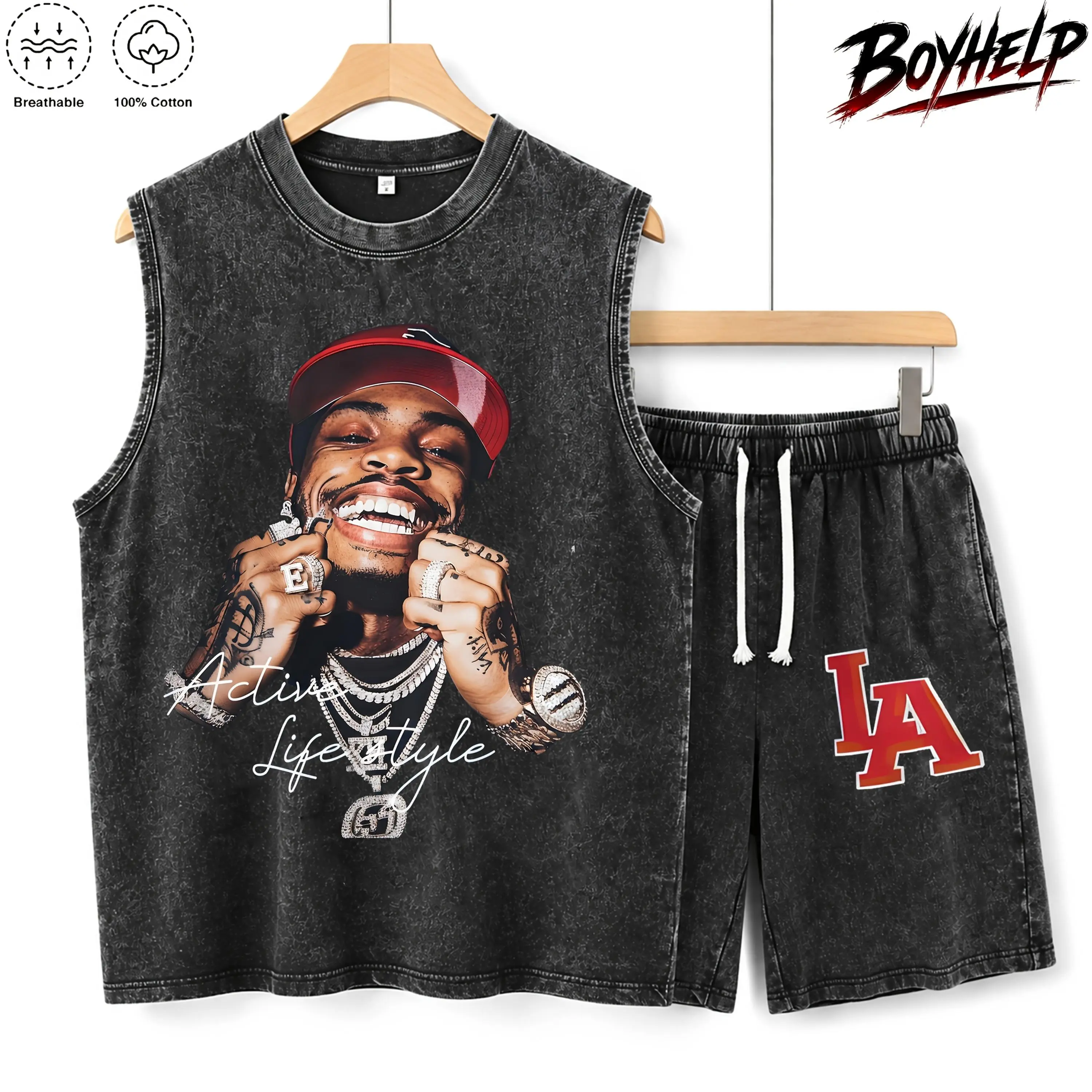 Two-Piece Set Men's Regular Fit Figure & Washed Vest & Pocket Shorts Set, Washed Vest & Track Shorts, Casual Summer Clothes Set for Outdoor Unisex Streetwear sohochic