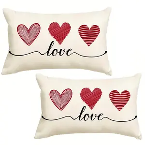 2pcs, Valentine's Day Theme Throw Pillow Covers, Romantic "Love" & Striped Hearts Design, Valentine's Day Décor, Cushion Cover Decoration for Couch Sofa, Room Decor and Bedroom Decor, Single Sided Printing, No Pillow Core