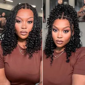 Boho Braids Loose Wave 250% Density Glueless 13x6 Frontal Pre-Cut Lace Short Curly Human Hair Braided Wig With Drawstring Wear and Go Wig Natural Black