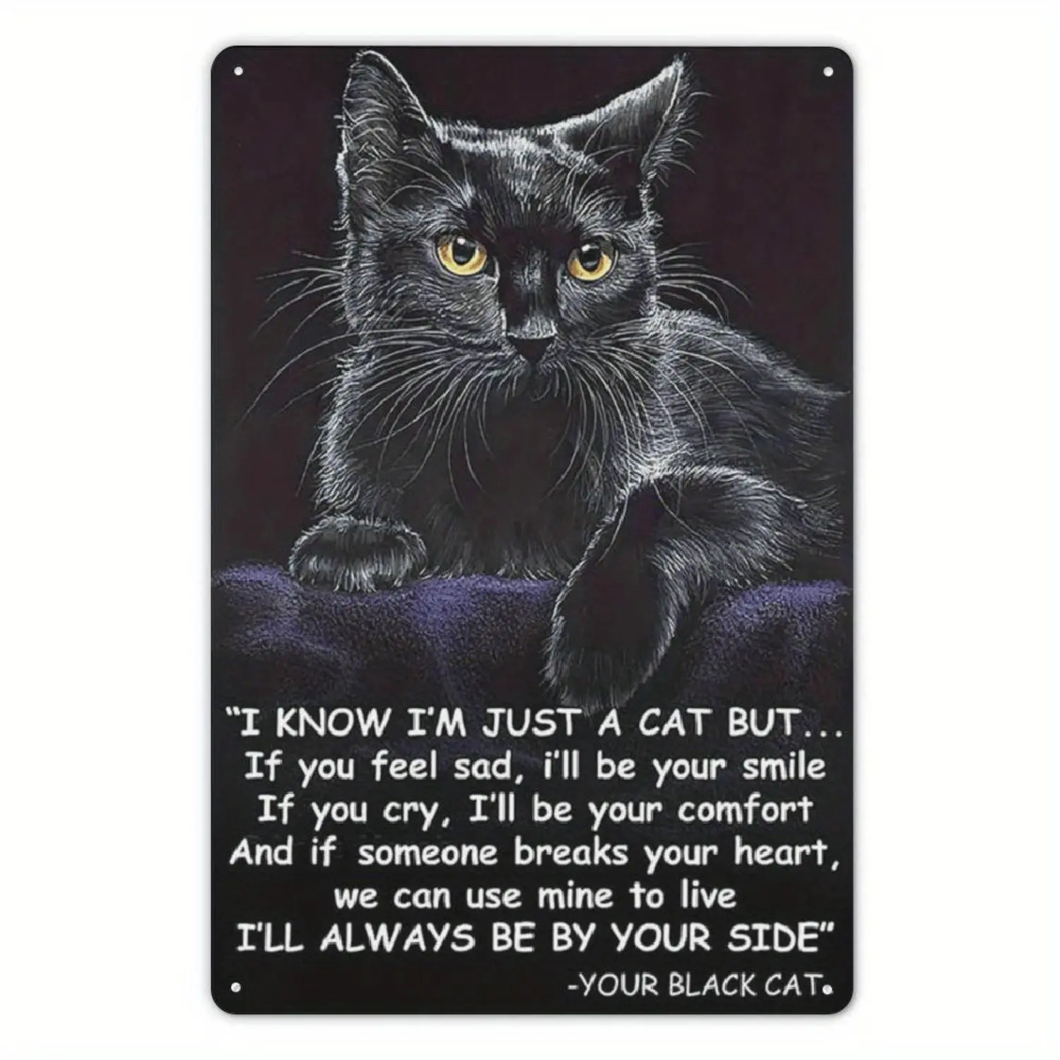 [2D Flat] 1pc Metal Wall Art 1pc Vintage Metal Wall Art with Inspirational Cat Quote - 12X8 Inch Frameless Black Cat Design On Dark Background Encouragement & Comfort Decor for Bedroom Living Room Birthday Gift Metal Wall Ar