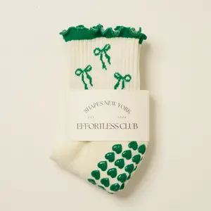 Effortless Club Grip Socks, Vintage Green Bow, Girlie Crew Half Calf Non-Slip Socks, Cute Girlie Pilates Socks, with Ruffle Details
