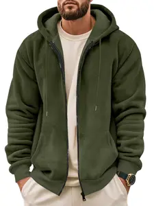 Men's Solid Color Knitted Zip - Up Fitted Hoodie, Long Sleeve, Plush Sherpa Lined, Adjustable Drawstring Hood, Kangaroo Pocket, Soft Warm Outerwear, Casual Daily Wear, Fashion Trendy Relaxed Fit for Autumn Winter, Sweatshirts