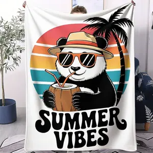 Summer Vibes Panda Flannel Blanket, Cute Tropical Palm Tree Print Throw Blanket, Ultra Soft Warm Blanket, Fun Beach Themed Gift Blanket for Kids, Teens & Panda Lovers