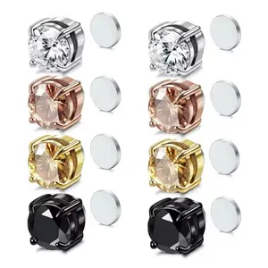 Fashion hypoallergenic earrings jewelry iced out cubic zirconia stud earrings stainless steel magnetic earrings for men 8mm