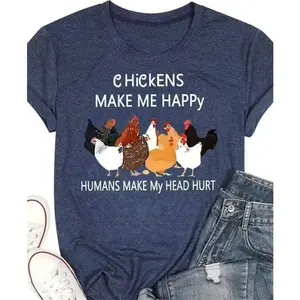 Cute Chickens Make Me Happy Graphic Tee, 100% Cotton Oversized Comfort T-Shirt, Funny Chicken Lover Fashion Outfit, Valentine's Day Gift for Her