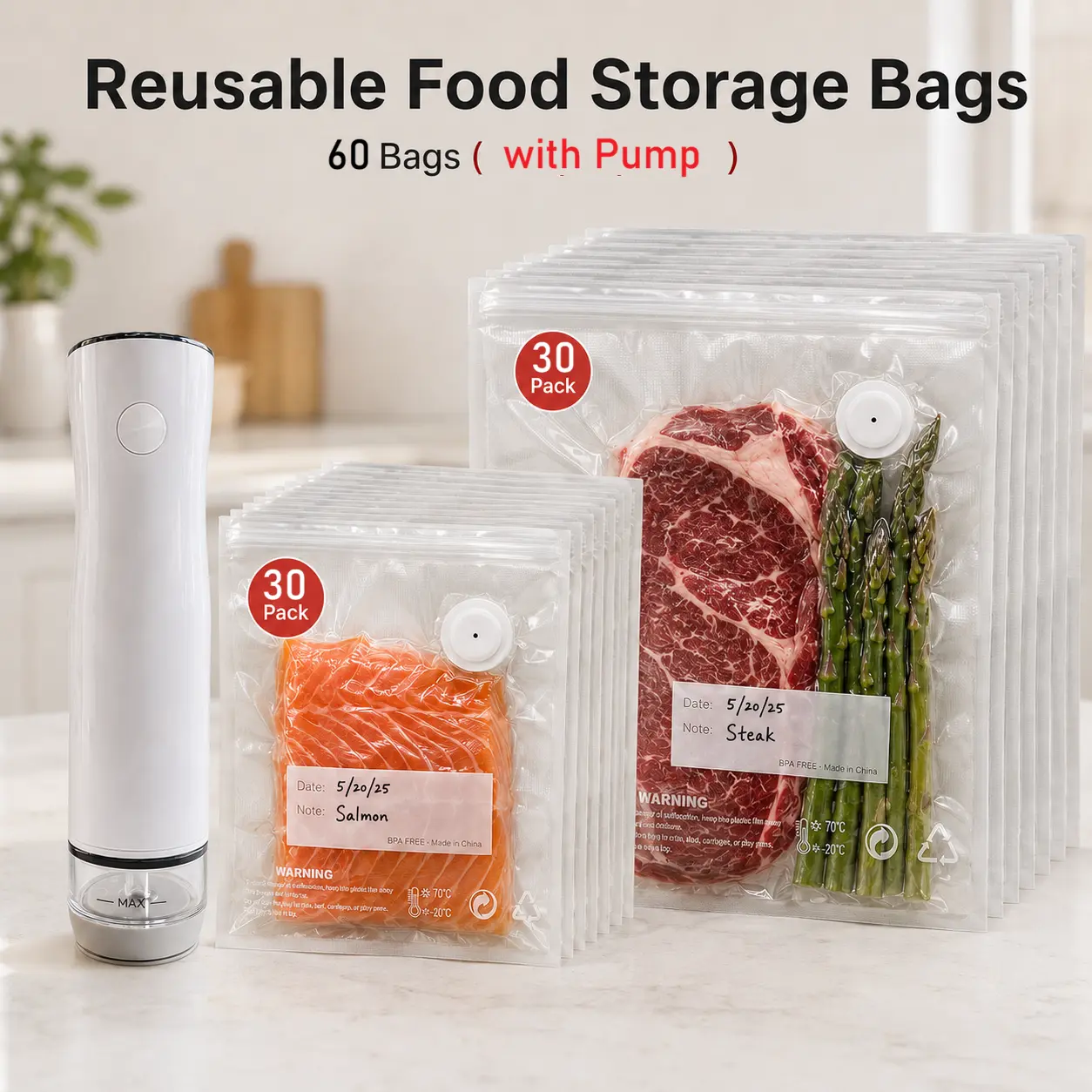 【Summer Vibes】Compact Vacuum Sealer for Food, USB Rechargeable Portable Food Saver with 30/60 Reusable Vacuum Bags in 2 Sizes, Keep Food Fresh Longer, Meal Prep & Fridge Organization #Summervibes