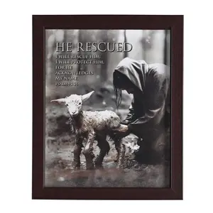 360 Stand Wood Shadow Box Photo Frame - 8x10 Glass-Front Hanger, Lamb Rescue Themed Framed Art, Ps.91:14-15 Inspirational Wall Home Decor Print, Wooden