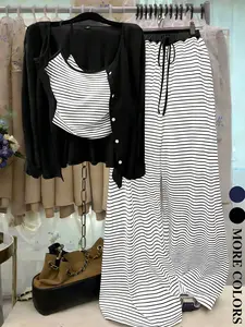 Women's Plus Size Casual Striped Pants Style Set, Stripe Tank Top & Long Sleeve Cardigan, Comfortable and Stylish Spring & Fall