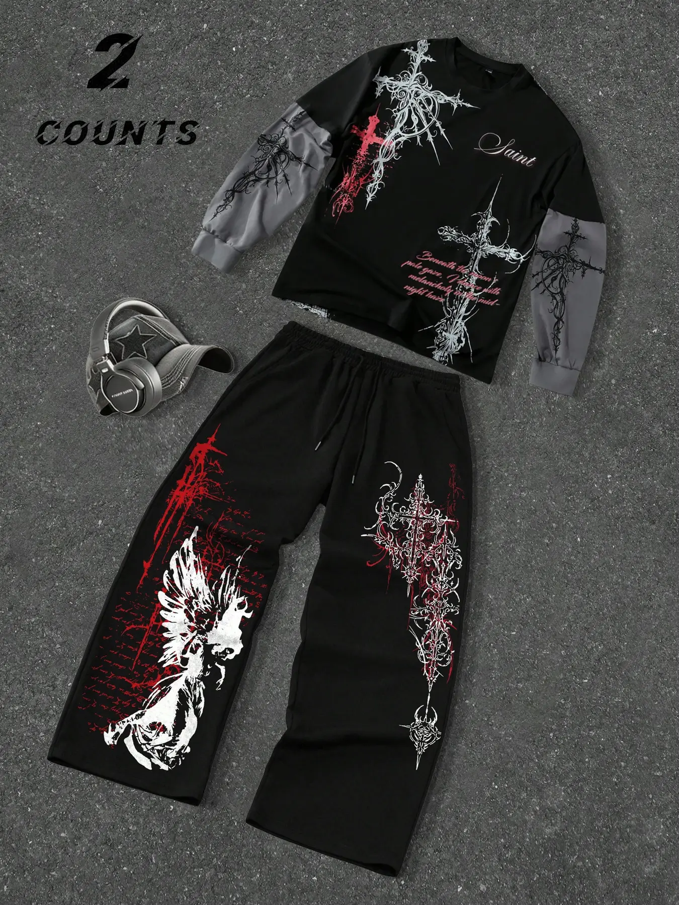 Unisex set, Casual clothing set, gothic style patterns, cross-stitch design, printed t-shirts and sporty long pants, lightweight for spring and autumn, retro-style, Y2K style, Fitted, suitable for streetwear, casual Athletic wear, Menswear