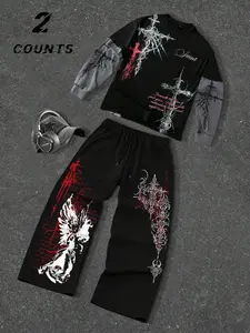 Unisex set, gothic style patterns and cross-stitch design, printed t-shirts and sporty long pants, lightweight for spring and autumn, retro-style, Y2K style, suitable for streetwear, casual Athletic wear, Menswear, men's gifts, trendy outfit