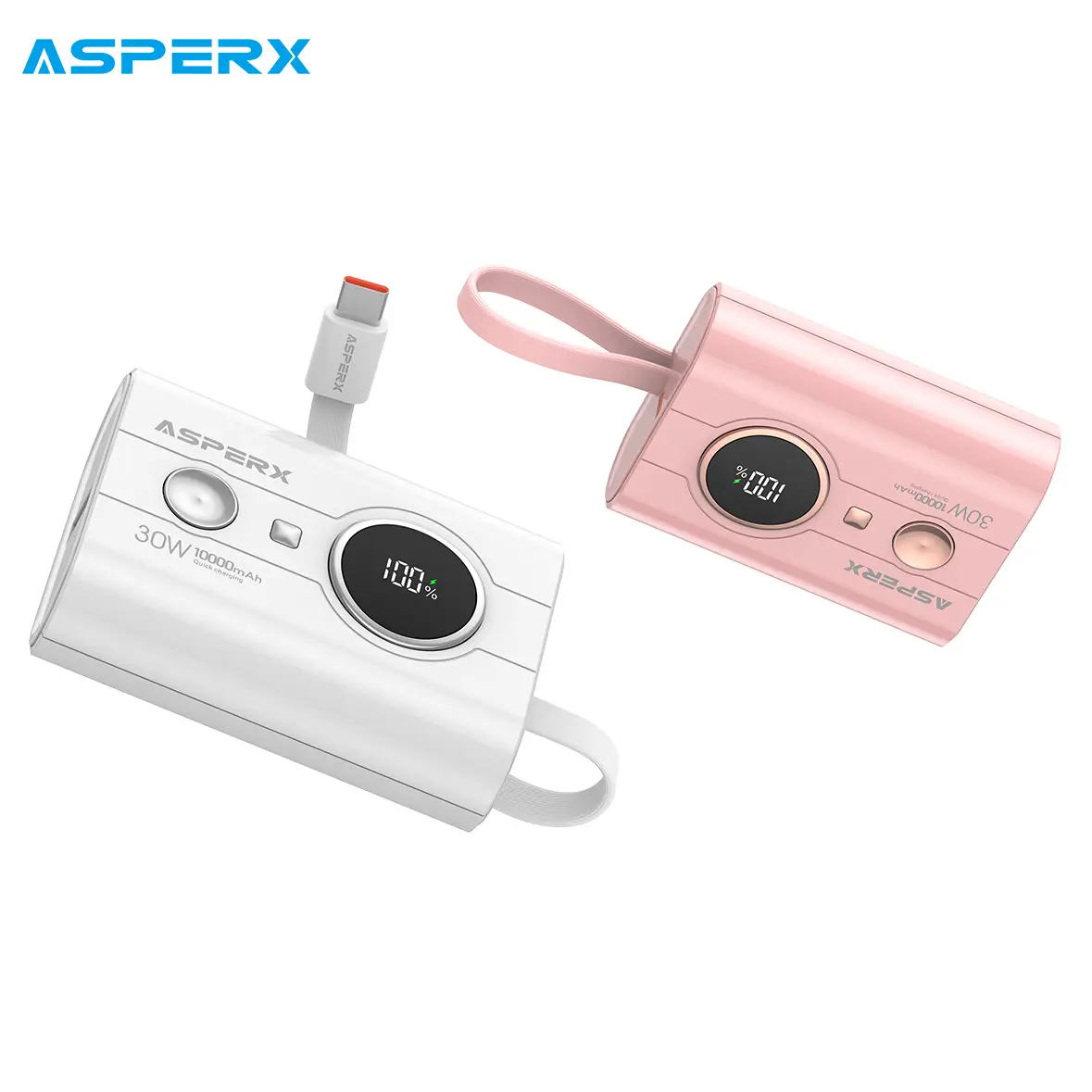 AsperX 30W Fast Charging Power Bank, Mini Portable Charger Built-in Type-C Chargeable Cable with Digital Display, Compact Battery Pack for Smartphone