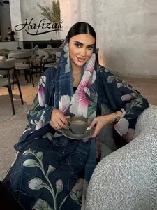 Elegant Long Sleeve Maxi Kaftan Dress with Beautiful Floral Print, Loose-Fitting A-Line Abaya, Includes Headscarf, All Seasons Outerwear