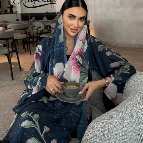 Elegant Long Sleeve Maxi Kaftan Dress with Beautiful Floral Print, Loose-Fitting A-Line Islamic Abaya, Modesty Muslim Clothing, Includes Headscarf, All Seasons Outerwear