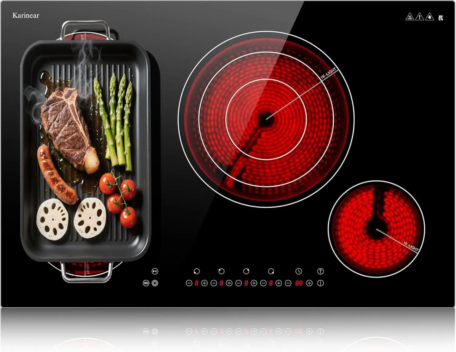 Karinear 30x20 in Built-In Ceramic Electric Hob Stove - 4-Burner 7800W Durable Glass Surface Household Appliance with Flexible Zone, Triple Ring Expandable Burners, Pause, Timer, Childlock, 1050W Boost, 220-240V Hardwired Kitchen Supplies Induction Cooker
