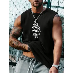 Menswear Sleeveless Hip Hop Style Vest, Fitted Graphic Front Vest with Bold Dollar Sign Crown
