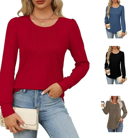 WIHOLL Long Sleeve Shirts for Women Fall Tops Dressy Casual Blouses Pleated Scooped Neck Tunic Tops for Leggings