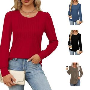 WIHOLL Long Sleeve Shirts for Women Fall Tops Dressy Casual Blouses Pleated Scooped Neck Tunic Tops for Leggings
