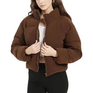 Womens Cropped Corduroy Puffer Jacket Winter Warm Long Sleeve Zip Quilted Down Puffer Coat