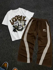 Men's Letter Print Short Sleeve Graphic Tee & Side Stripe Drawstring Waist Pants Two-piece Set, Regular Fit Round Neck T-shirt & Pocket Trousers, Casual Fashion Cozy Breathable Men Outfits for Spring & Fall, Menswear