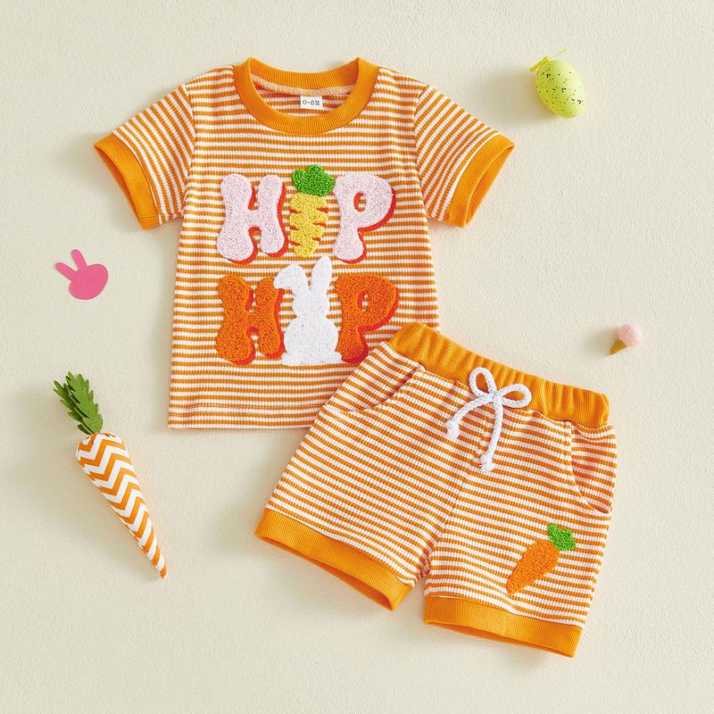 Toddler Baby Girl Boys Easter Outfits Set Short Sleeve Carrot Bunny Letter Embroidery T-Shirt and Shorts Infant Easter Clothing Set 0-3 Years