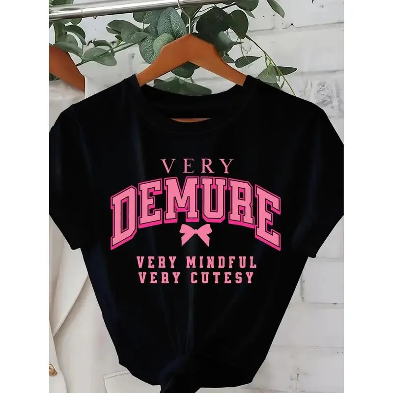Everyday Comfort | Women's Casual "Very Demure" Graphic Tee with Bow Detail - Soft Knit, Short Sleeve, Round Neck, Spring/Summer Fashion Top, White with Pink Print, Fitness Attire | Bow Detail Shirt | Nontransparent Material