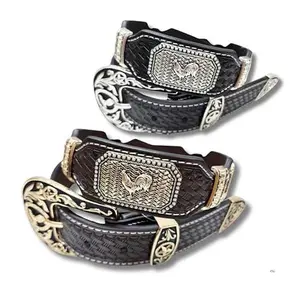 Western Stakes Leather Belts For Men Cowboy Basketweave Rooster Concho Belt