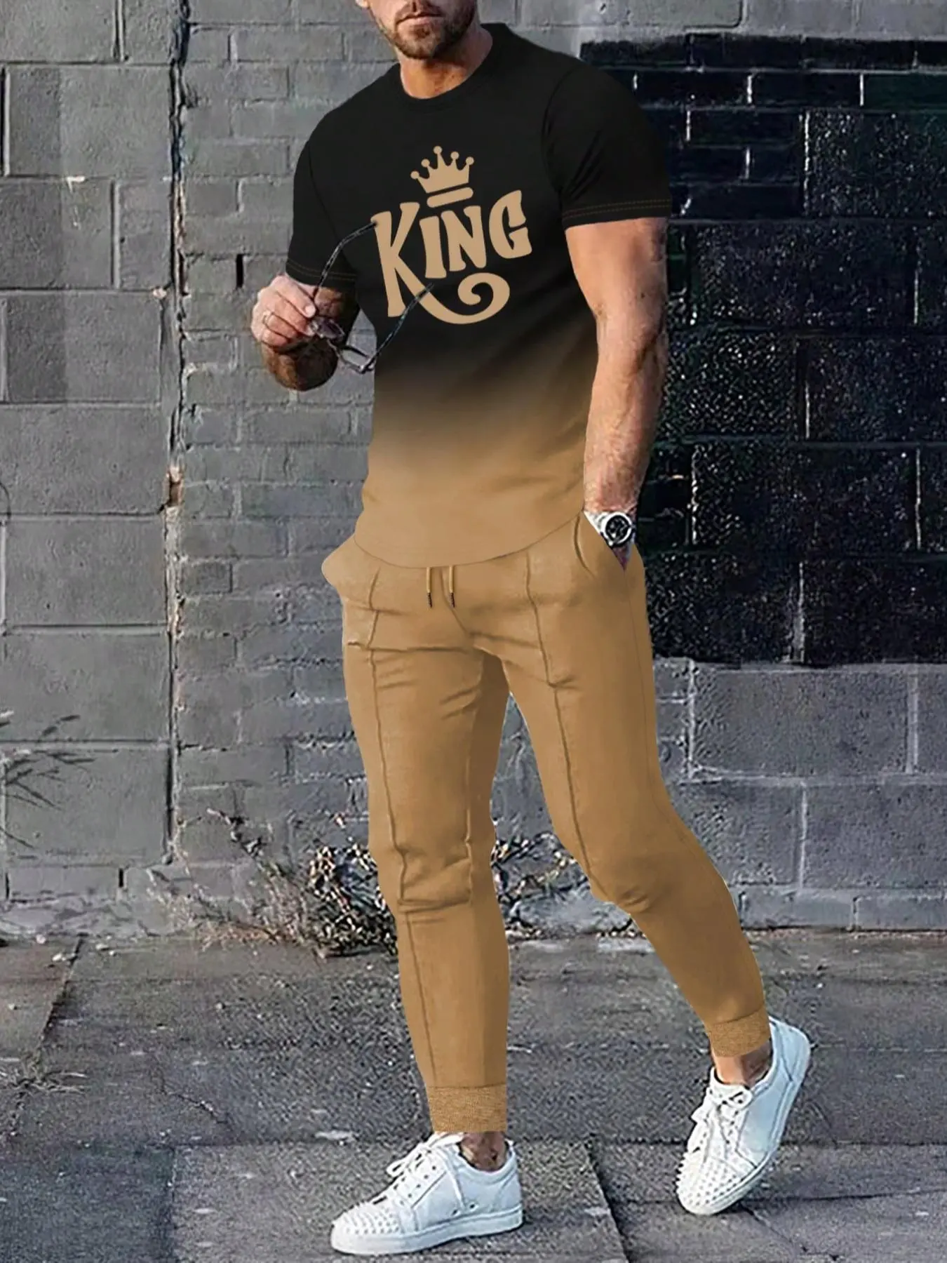 2 Counts Men's Casual Fashion Letter Ombre Short Sleeve Drawstring Waist Two-piece Set, Jersey Stretch, Regular Fit Crew Neck Tee & Pocket Trousers, Summer Outfits 2024, Menswear, Clothing Sets, Clothes