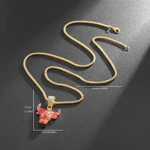 Punk Domineering Stainless Steel Red Bull Head Necklace Crystal Zircon Animal Pendant for Men and Women Hip-Hop Rock Jewelry