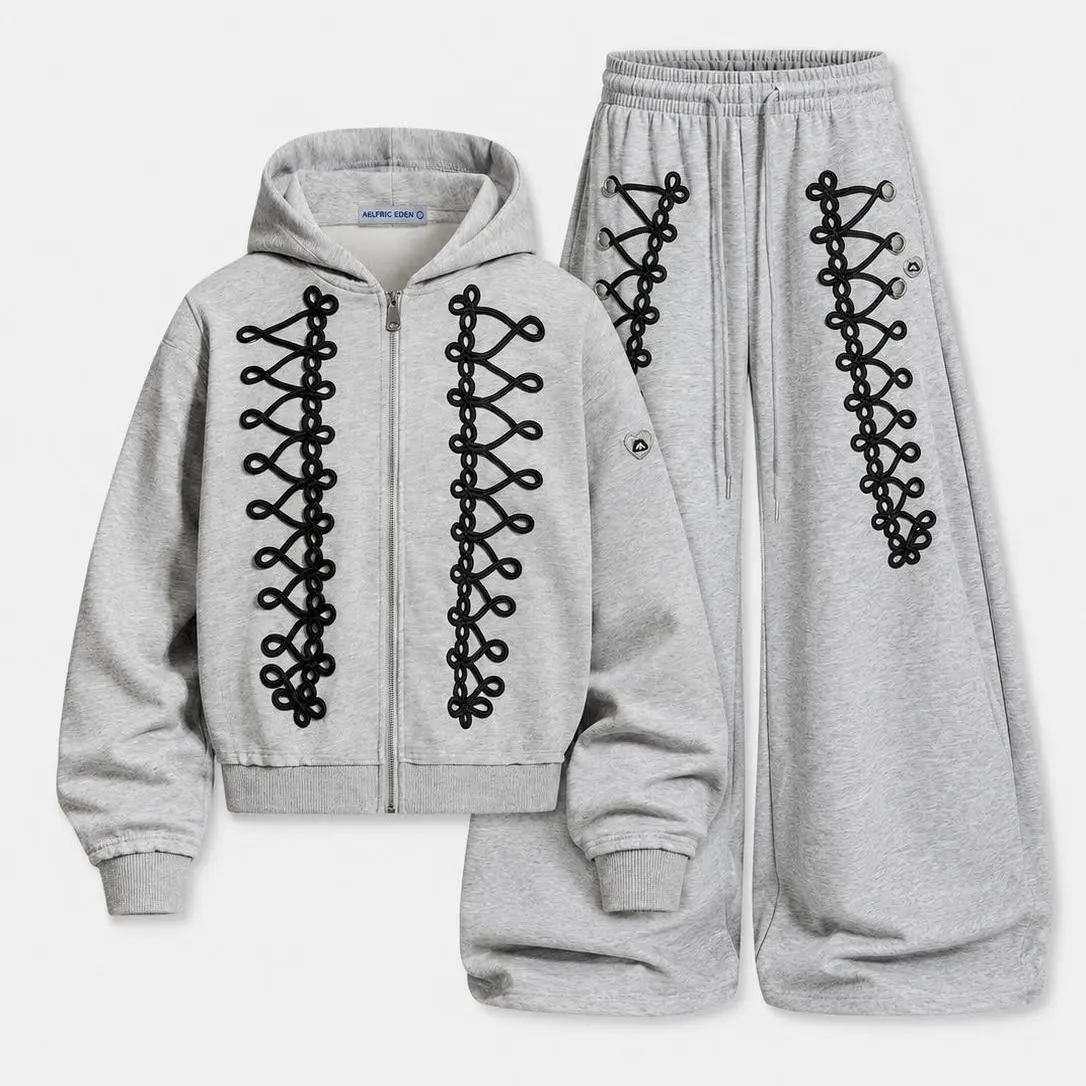 Aelfric Eden Lace-Up Embroidery Cropped Zip Up Hoodie & Baggy Barrel Sweatpants Set Handcrafted Chinese Knot Decoration Unisex New Chinese Streetwear Set
