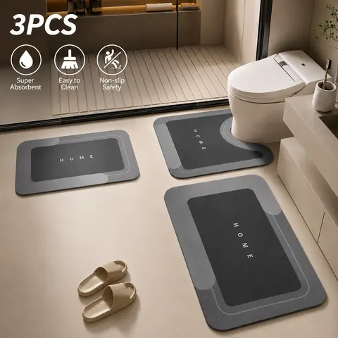 3PCS Classic Multi-Piece Soft Bath Mats Set - Non-Slip Scratch-Resistant Machine Washable Diatomite-TRP Rectangle Mats with Rubber Backing, Durable, Water-Absorbent, Quick-Drying for Indoor Bathroom Home Supplies