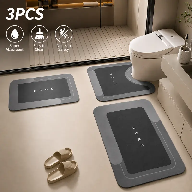 3PCS Classic Multi-Piece Soft Bath Mats Set - Non-Slip Scratch-Resistant Machine Washable Diatomite-TRP Rectangle Mats with Rubber Backing, Durable, Water-Absorbent, Quick-Drying for Indoor Bathroom Home Supplies