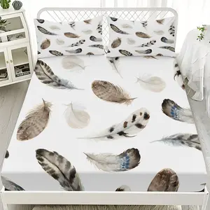 2/3pcs Feather Pattern Design Background Series Fitted Sheet Set, Suitable For Bedrooms, Hotels, Dormitories And Other Places, Machine Washable (1 Fitted Sheet + 1/2 Pillowcase, No Core)