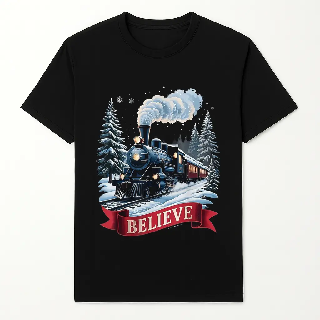 Unisex Polar Express Christmas T-Shirt - Cozy 100% Cotton Short-Sleeve, Festive Train & "Believe" Graphic, S-4XL for Family Holiday Gatherings Christmas Tree T-Shirt with Lights Christmas Tree Cake Holiday T-Shirt Fabric Menswear
