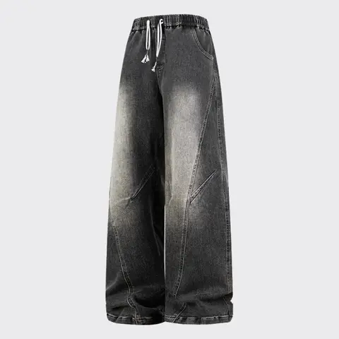 Men's Heavyweight Ultra Baggy Denim Jeans - Blue Straight, Classic, Casual Streetwear Menswear Bottoms with Elastic Drawstring Waistband, Wide Leg, New Year Style, Ultra Baggy Men's Jeans