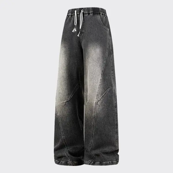 Men's Heavyweight Ultra Baggy Denim Jeans - Blue Straight, Classic, Casual Streetwear Menswear Bottoms with Elastic Drawstring Waistband, Wide Leg, New Year Style, Ultra Baggy Men's Jeans