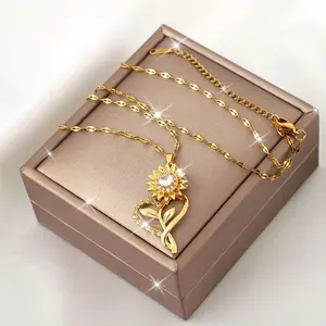 Women's 360° Rotatable Stress-Relief Heart Sunflower Synthetic Cubic Zirconia Pendant Necklace, Chain Jewelry Necklaces, Exquisite Stylish Costume Jewelry, Birthday Christmas Gift for Loved Ones